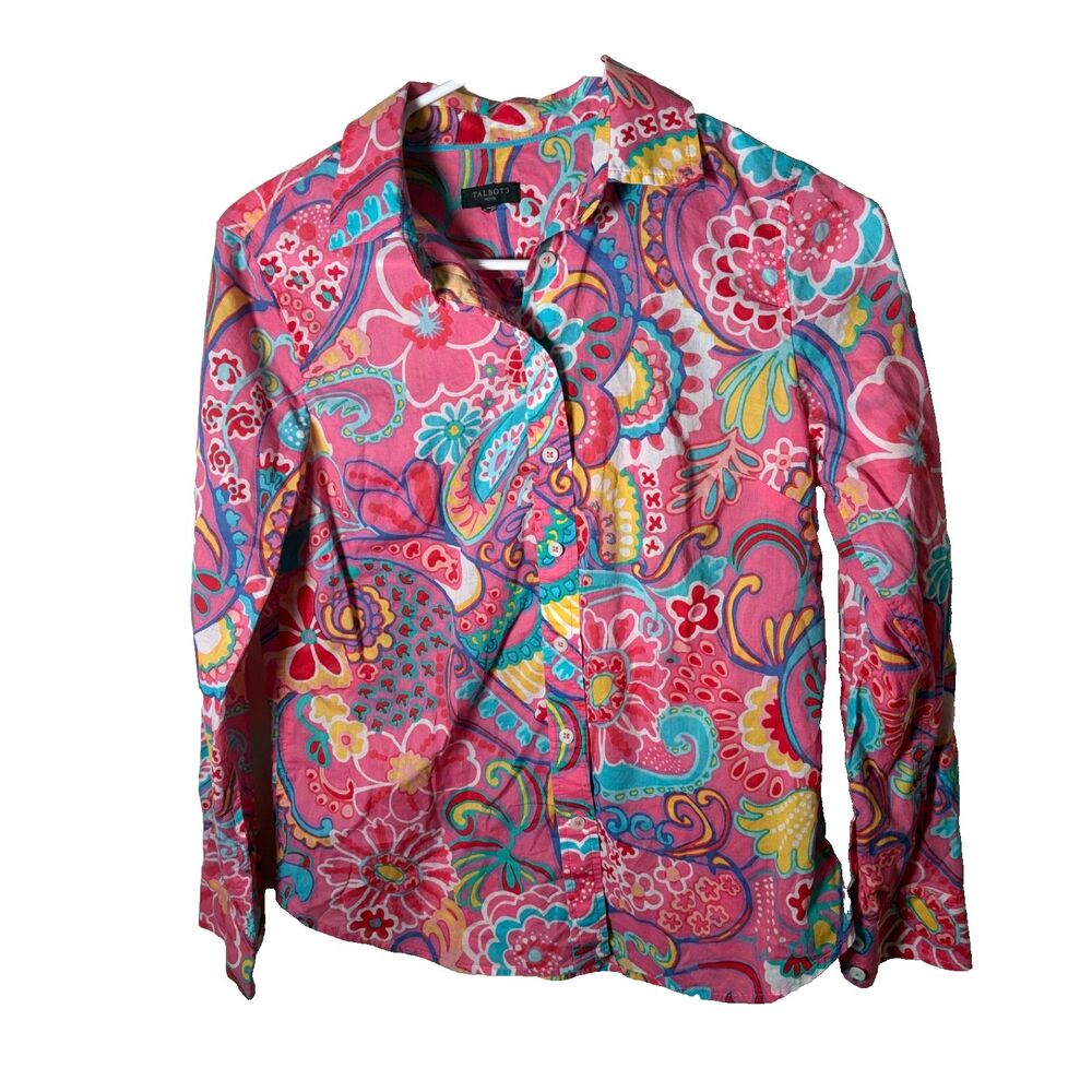 Talbots Shirt Women's Petite Small Colorful Button Up Collared Sheer Long Sleeve